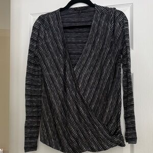 BCBGMaxAzria Black and White Striped Wrap-Style Long Sleeve Top